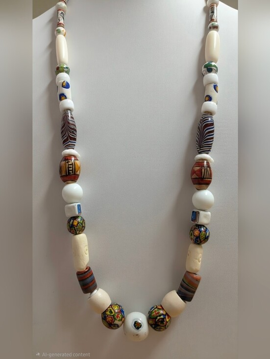 Artisan Jewelry - Vintage Artisan Trade Bead Art Glass Millefiori Bone Necklace